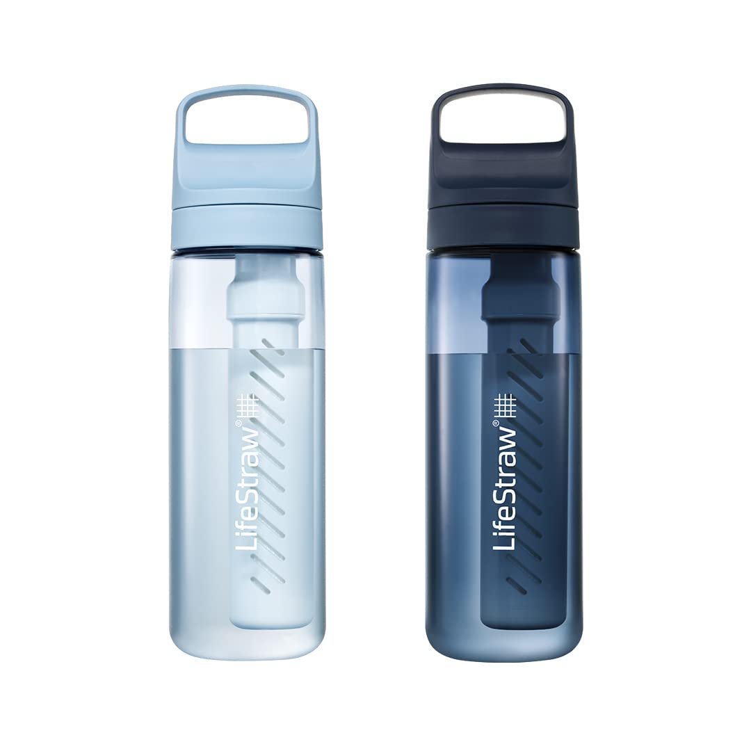 LifeStraw Go Series – BPA-Free Water Filter Bottle for Travel and Everyday Use, Removes Bacteria, Parasites and Microplastics, Improves Taste, 1L 2-Pack Icelandic Blue and Aegean Sea
