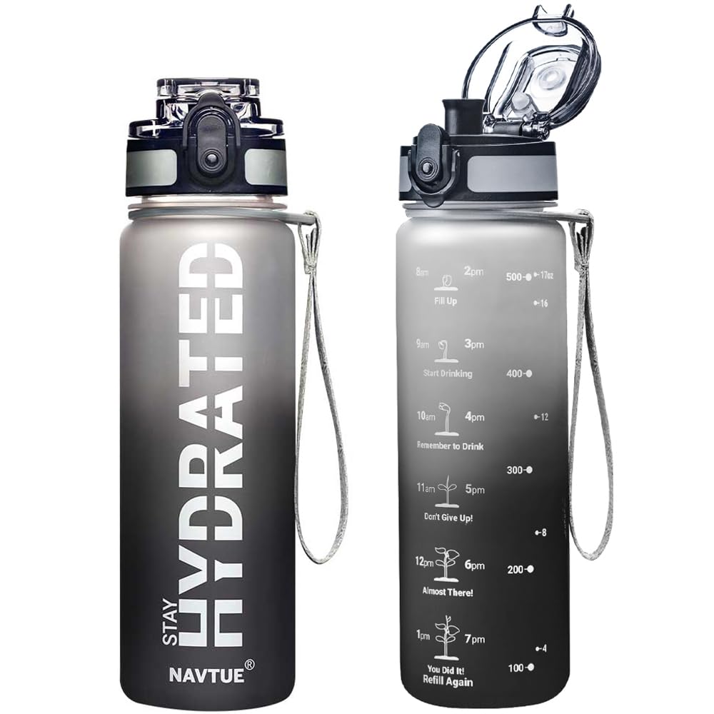 Water Bottle, 16.9 OZ Sports Water Bottles with Time Marker Wide Mouth, Motivational and Leakproof Drink Bottle, BPA Free Tritan with Carry Strap for Gym Fitness Outdoor(1 Bottle)