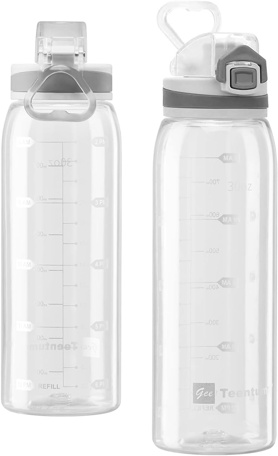 30oz Sport Water Bottle with Time Markers, Large Durable Gym Plastic Bottle Tritan BPA Free for Fitness, School, Outdoor Enthusiasts, Leakproof Clear (Pack of 1)