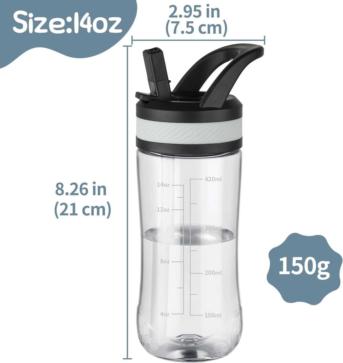 Water Bottle Kids 14oz Flip with Straw Carry Handle, Leakproof, Reusable, Tritan, BPA Free, Suitable for Boys and Girls, Clear