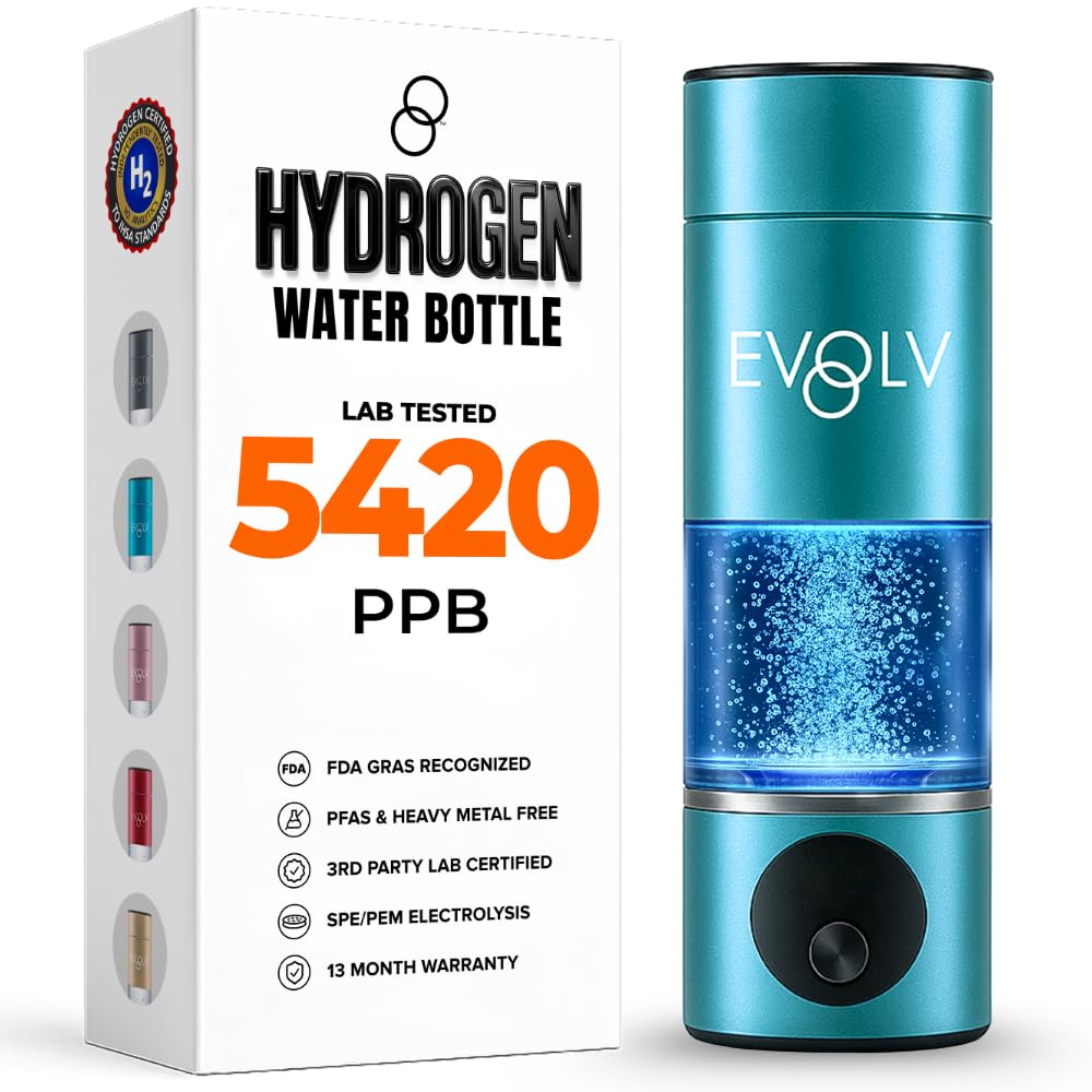 EVOLV Hydrogen Water Bottle Generator – SPE & PEM Water Ionizer 5.4PPM, Highest H2 Concentration – Portable 8oz Hydrogenated Water Bottle – Leak-Proof Hydrogen Water Machine, Easy to Use – Turquoise