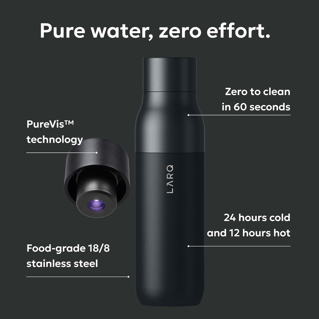 LARQ Bottle PureVis 17 oz - Self-Cleaning and Insulated Stainless Steel Water Bottle with UV Water Purifier and Award-winning Design | Reusable & Travel Friendly, Obsidian Black