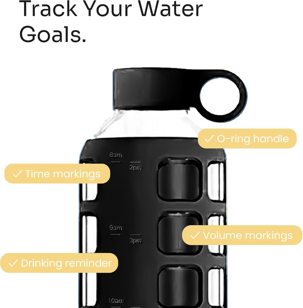 purifyou 40oz / 32oz / 22oz / 12oz Borosilicate Glass Water Bottle with Time & Volume Markers, Silicone Sleeve, Stainless Steel Lid | Reusable Glass Bottle for Water & Juice (32oz Jet Black)