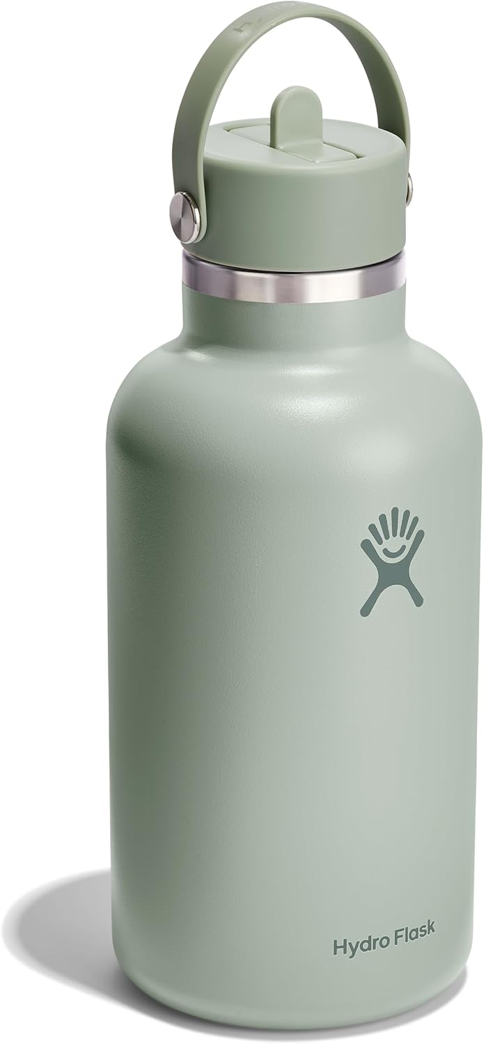 Hydro Flask Water Bottle - Insulated Stainless Steel - Wide Mouth Flex Straw Lid, Non Spill, Leakproof and Refillable in 64 Oz Tonal Agave