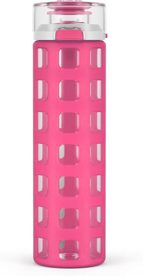 Ello Syndicate 20oz Reusable Glass Water Bottle with One-Touch Leak Proof Flip Lid and Protective Non-Slip Silicone Sleeve and Carry Loop for Coffee, Tea and Water, BPA-free, Dishwasher Safe, Pink
