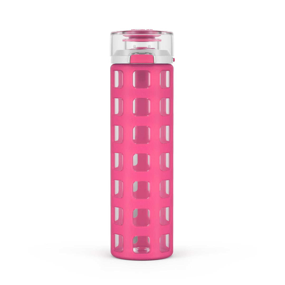 Ello Syndicate 20oz Reusable Glass Water Bottle with One-Touch Leak Proof Flip Lid and Protective Non-Slip Silicone Sleeve and Carry Loop for Coffee, Tea and Water, BPA-free, Dishwasher Safe, Pink