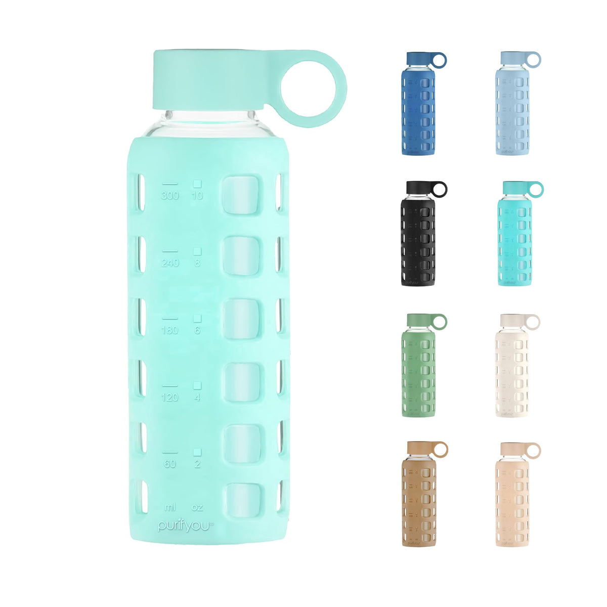 purifyou 40oz / 32oz / 22oz / 12oz Borosilicate Glass Water Bottle with Time & Volume Markers, Silicone Sleeve, Stainless Steel Lid | Reusable Glass Bottle for Water & Juice (32oz Jet Black)