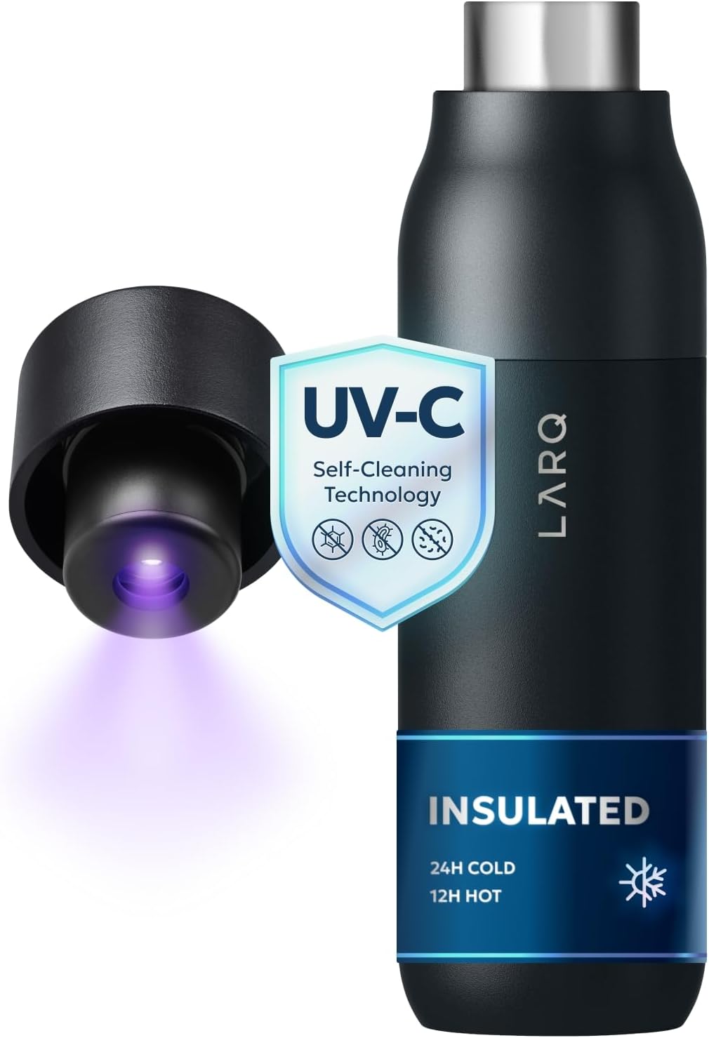 LARQ Bottle PureVis 17 oz - Self-Cleaning and Insulated Stainless Steel Water Bottle with UV Water Purifier and Award-winning Design | Reusable & Travel Friendly, Obsidian Black