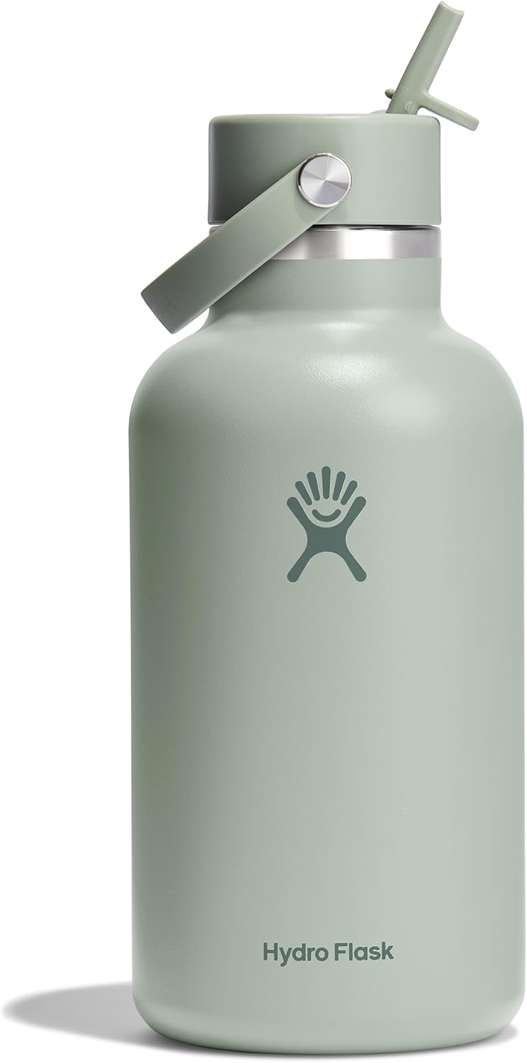 Hydro Flask Water Bottle - Insulated Stainless Steel - Wide Mouth Flex Straw Lid, Non Spill, Leakproof and Refillable in 64 Oz Tonal Agave