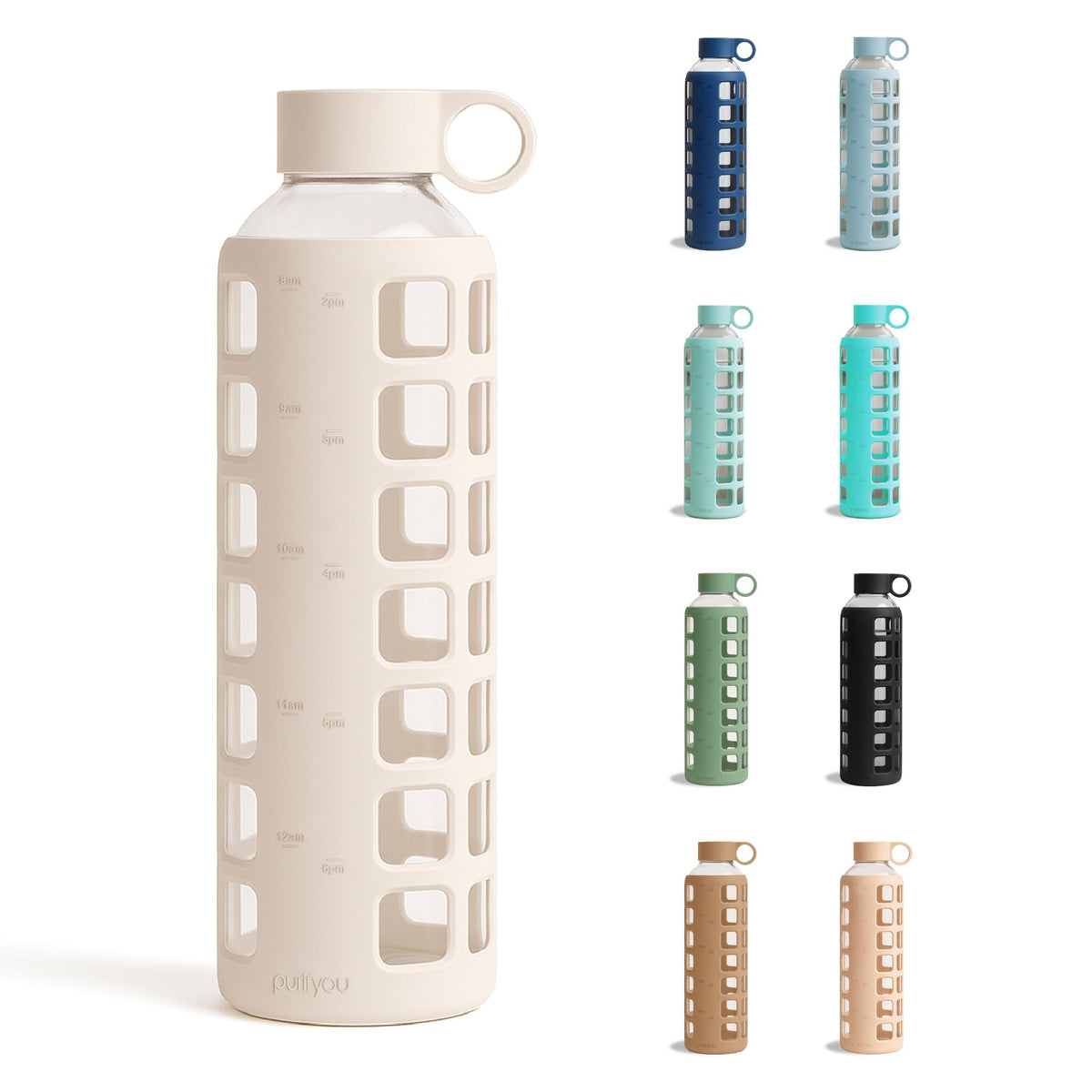 purifyou 40oz / 32oz / 22oz / 12oz Borosilicate Glass Water Bottle with Time & Volume Markers, Silicone Sleeve, Stainless Steel Lid | Reusable Glass Bottle for Water & Juice (32oz Jet Black)