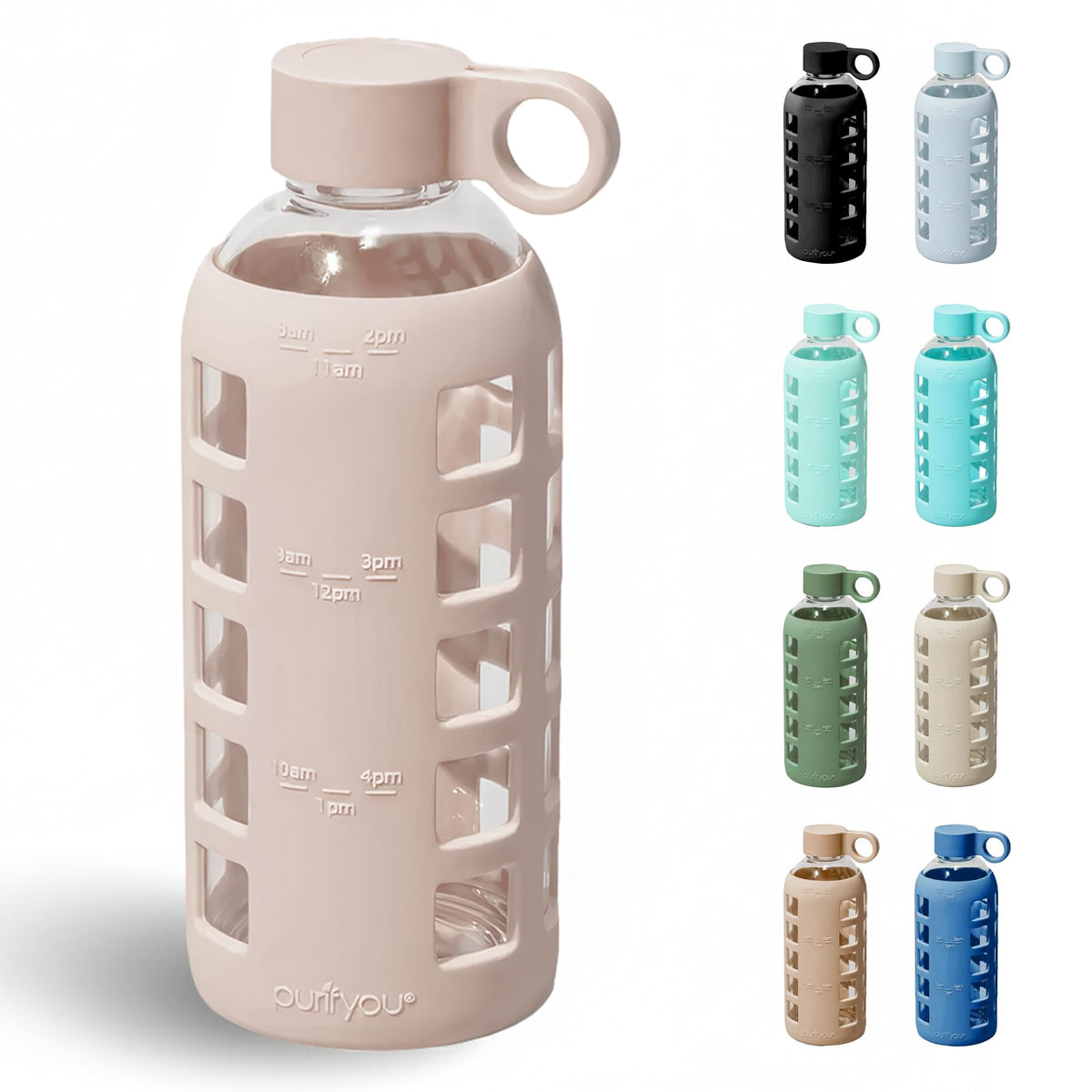 purifyou 40oz / 32oz / 22oz / 12oz Borosilicate Glass Water Bottle with Time & Volume Markers, Silicone Sleeve, Stainless Steel Lid | Reusable Glass Bottle for Water & Juice (32oz Jet Black)