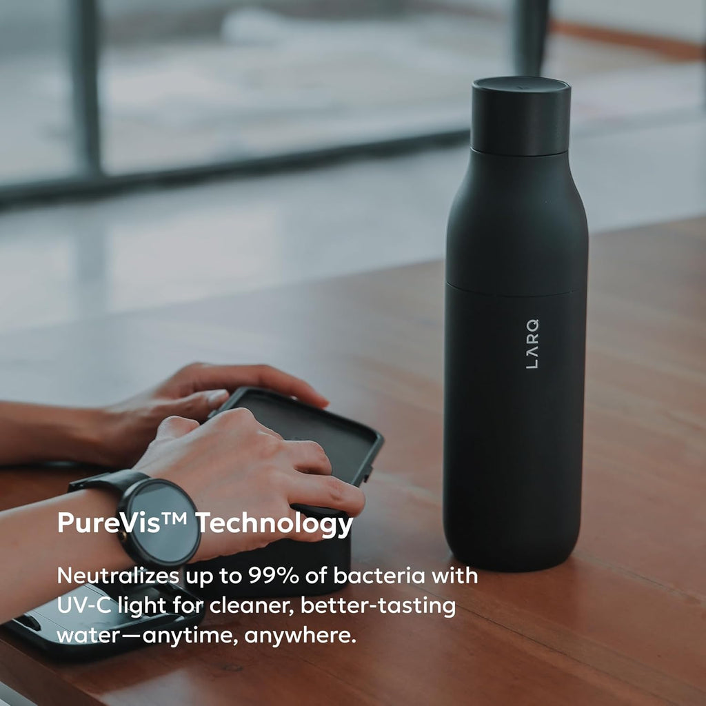 LARQ Bottle PureVis 17 oz - Self-Cleaning and Insulated Stainless Steel Water Bottle with UV Water Purifier and Award-winning Design | Reusable & Travel Friendly, Obsidian Black