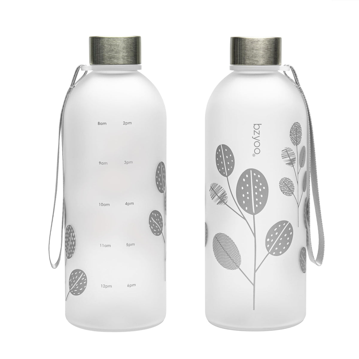 bzyoo 32 OZ 1 Liter Time Marker Water Bottle Frosted Durable Plastic With Strap - Reusable Clear Bottle With Times To Drink Time Markings For Daily Hydration Intake BPA Free (Silver)