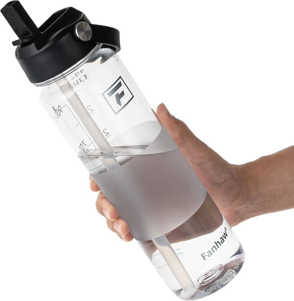 Fanhaw 32 oz Clear Water Bottle with Straw Lid - Tritan, BPA-Free, Lightweight, Wide Mouth, Leak-Proof, Perfect for Gym, Travel, School, Office, and Sports(Clear & Black)