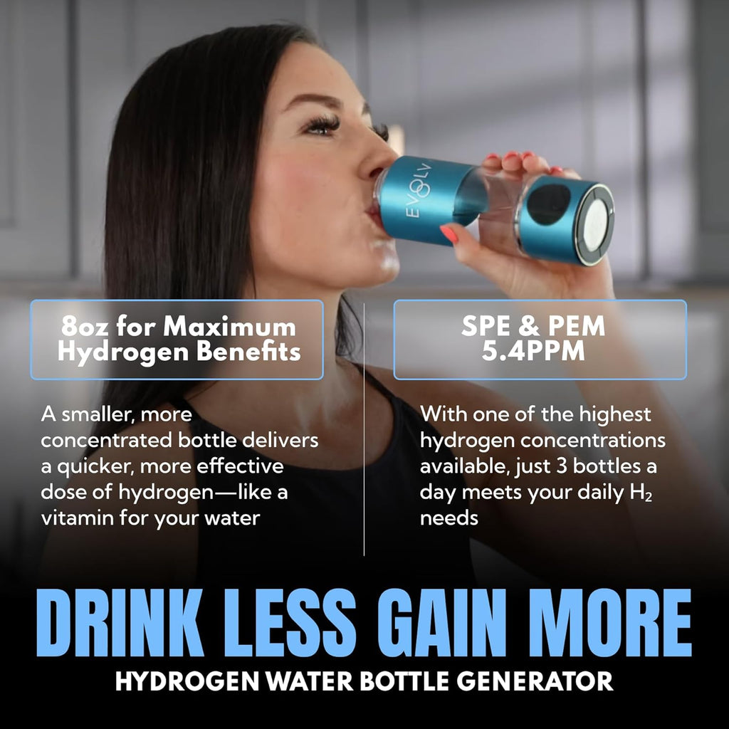 EVOLV Hydrogen Water Bottle Generator – SPE & PEM Water Ionizer 5.4PPM, Highest H2 Concentration – Portable 8oz Hydrogenated Water Bottle – Leak-Proof Hydrogen Water Machine, Easy to Use – Turquoise
