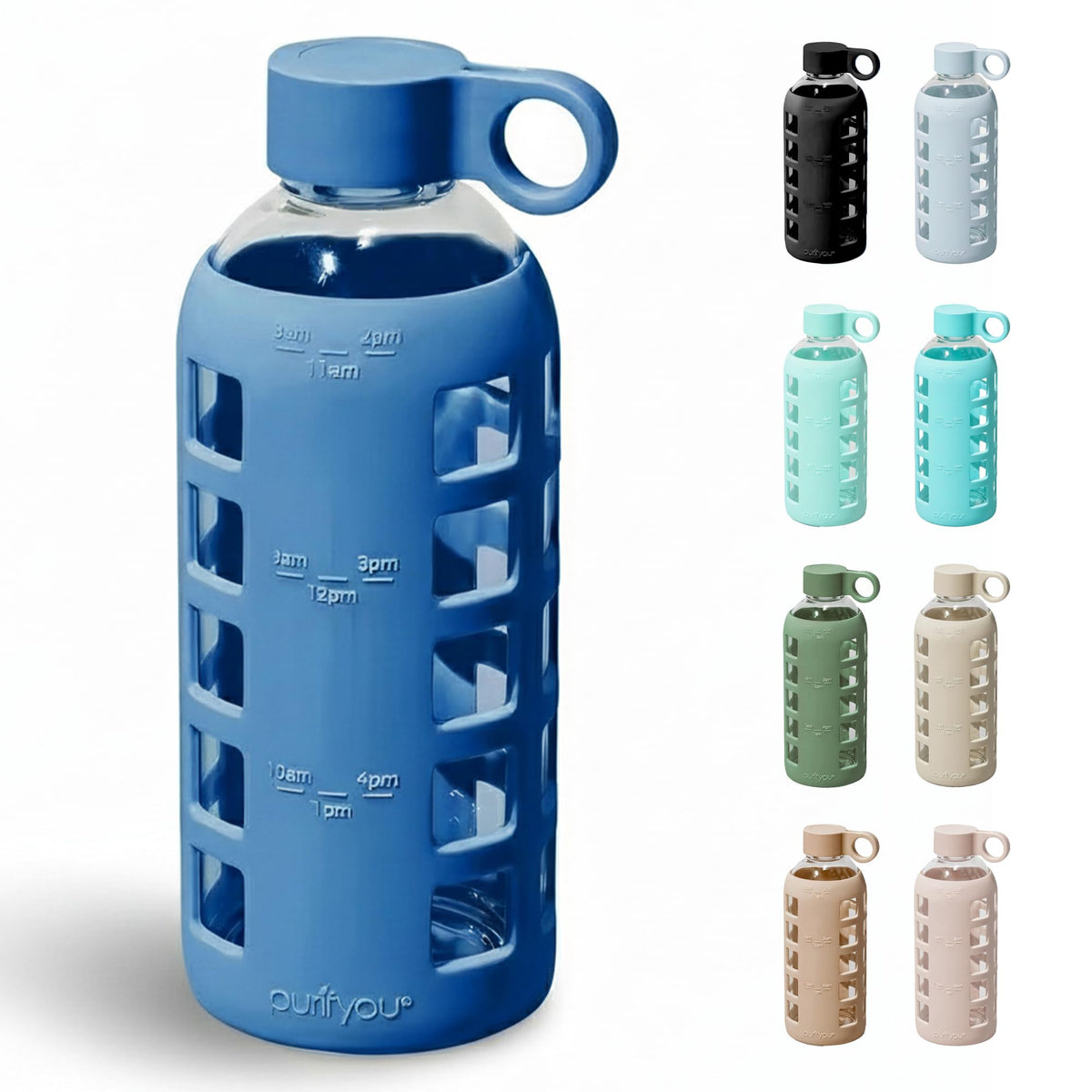 purifyou 40oz / 32oz / 22oz / 12oz Borosilicate Glass Water Bottle with Time & Volume Markers, Silicone Sleeve, Stainless Steel Lid | Reusable Glass Bottle for Water & Juice (32oz Jet Black)