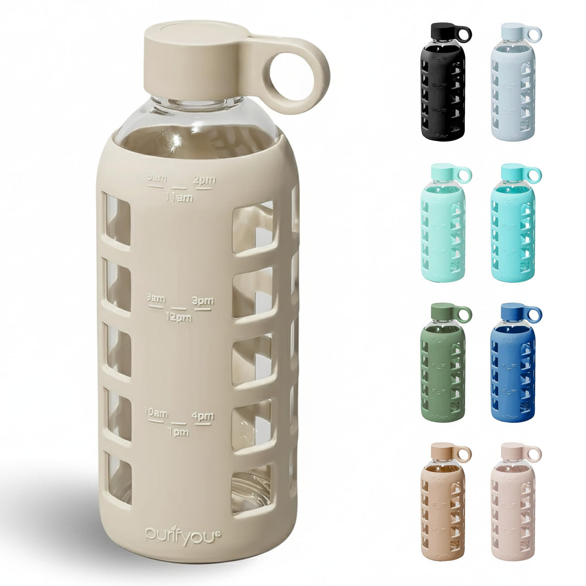 purifyou 40oz / 32oz / 22oz / 12oz Borosilicate Glass Water Bottle with Time & Volume Markers, Silicone Sleeve, Stainless Steel Lid | Reusable Glass Bottle for Water & Juice (32oz Jet Black)