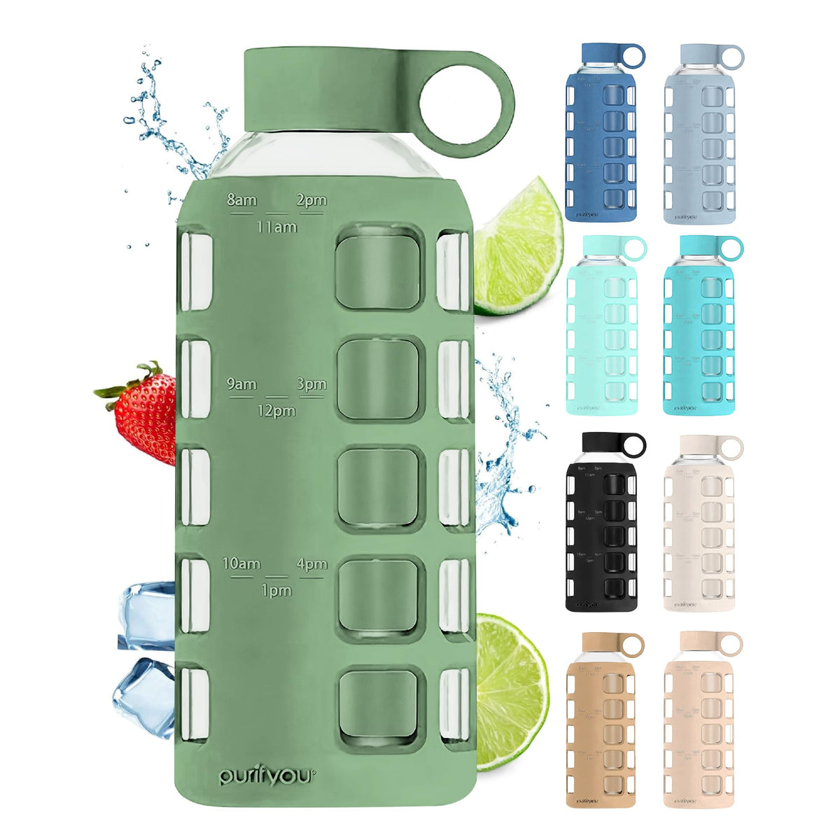 purifyou 40oz / 32oz / 22oz / 12oz Borosilicate Glass Water Bottle with Time & Volume Markers, Silicone Sleeve, Stainless Steel Lid | Reusable Glass Bottle for Water & Juice (32oz Jet Black)