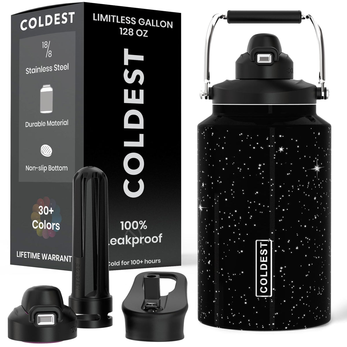 Coldest 128 oz Tumbler with Handle and Straw - 100% Spill Proof Tumbler with Straw (3 Lids) - Stainless Steel Insulated Leakproof Tumblers for Women & Men - Cup Holder Friendly - 128oz (Stealth Black)