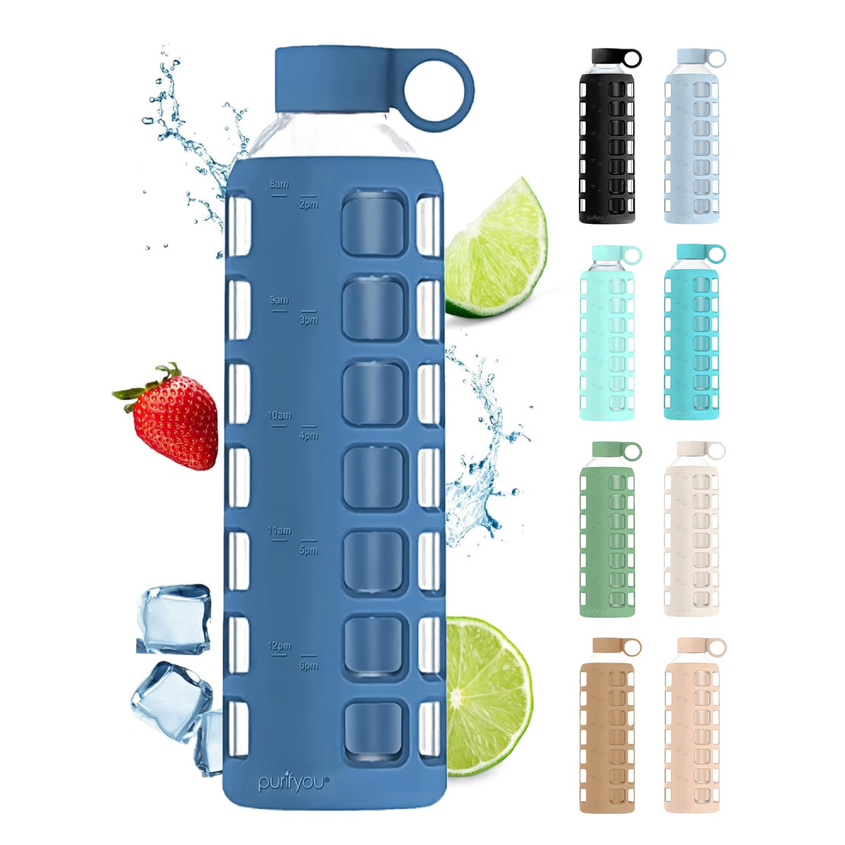 purifyou 40oz / 32oz / 22oz / 12oz Borosilicate Glass Water Bottle with Time & Volume Markers, Silicone Sleeve, Stainless Steel Lid | Reusable Glass Bottle for Water & Juice (32oz Jet Black)