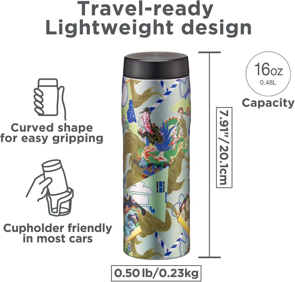 Tiger Made in Japan Insulated Travel Mug, 16oz (480ml) - 100-Year Kyoto Yuzen Tradition Design, Premium Stainless Steel Vacuum Water Bottle, with Luxury Paulownia Gift Box, MJX-B481GR, Seafoam Green