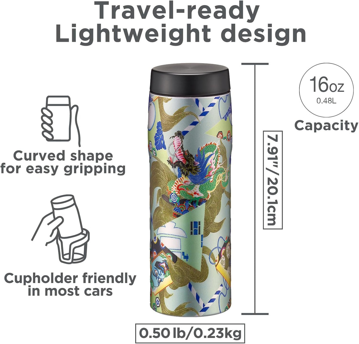 Tiger Made in Japan Insulated Travel Mug, 16oz (480ml) - 100-Year Kyoto Yuzen Tradition Design, Premium Stainless Steel Vacuum Water Bottle, with Luxury Paulownia Gift Box, MJX-B481GR, Seafoam Green
