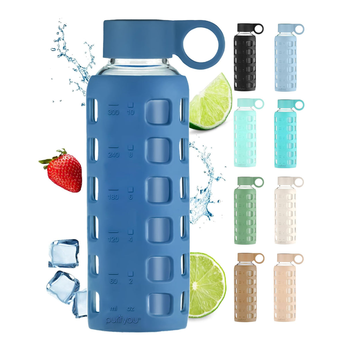 purifyou 40oz / 32oz / 22oz / 12oz Borosilicate Glass Water Bottle with Time & Volume Markers, Silicone Sleeve, Stainless Steel Lid | Reusable Glass Bottle for Water & Juice (32oz Jet Black)
