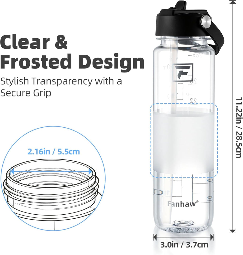 Fanhaw 32 oz Clear Water Bottle with Straw Lid - Tritan, BPA-Free, Lightweight, Wide Mouth, Leak-Proof, Perfect for Gym, Travel, School, Office, and Sports(Clear & Black)