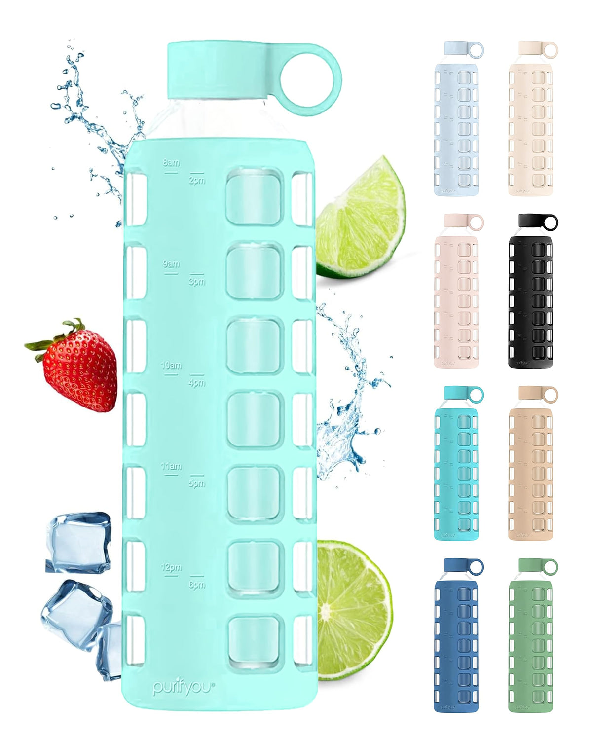 purifyou 40oz / 32oz / 22oz / 12oz Borosilicate Glass Water Bottle with Time & Volume Markers, Silicone Sleeve, Stainless Steel Lid | Reusable Glass Bottle for Water & Juice (32oz Jet Black)