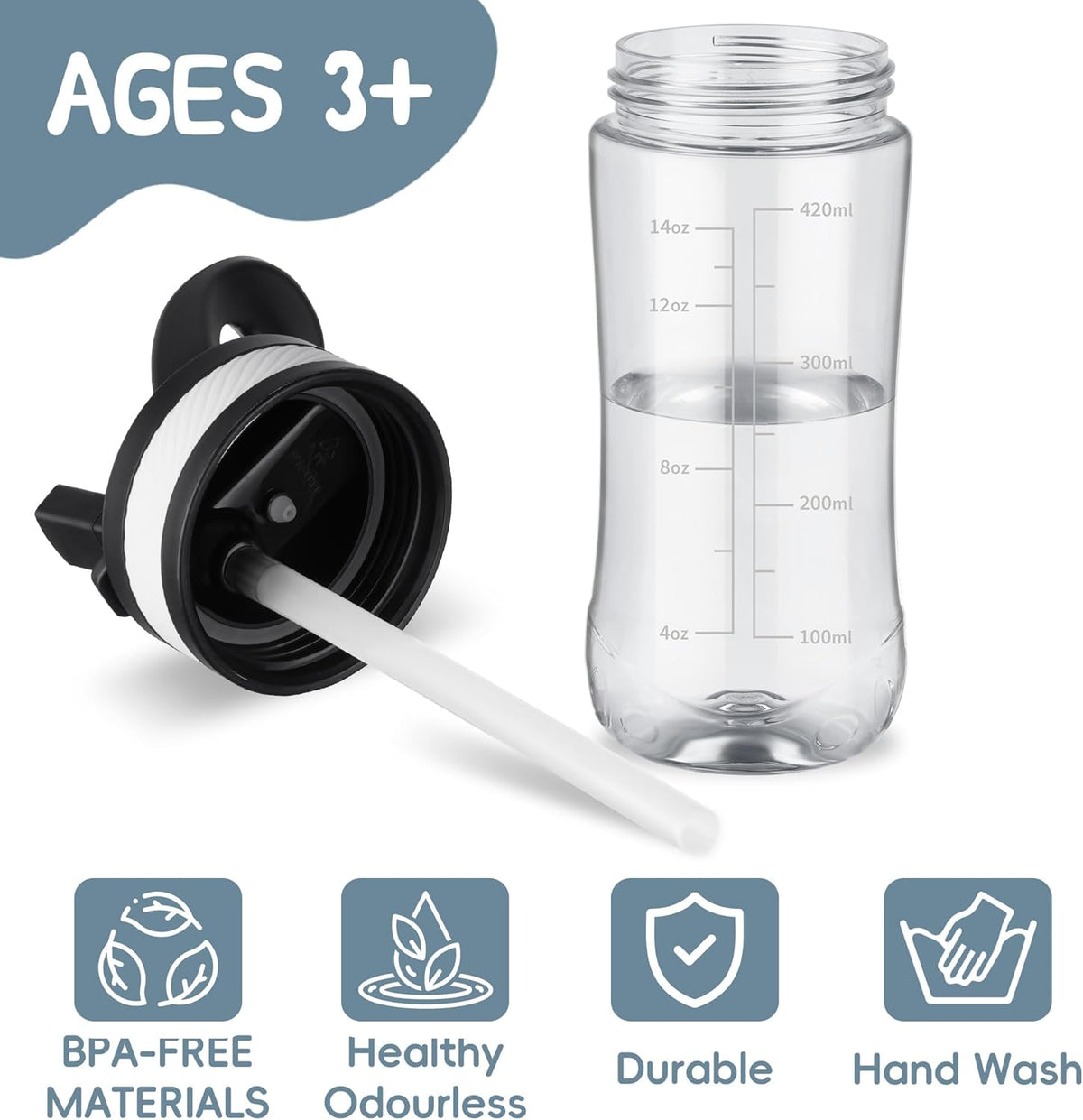 Water Bottle Kids 14oz Flip with Straw Carry Handle, Leakproof, Reusable, Tritan, BPA Free, Suitable for Boys and Girls, Clear