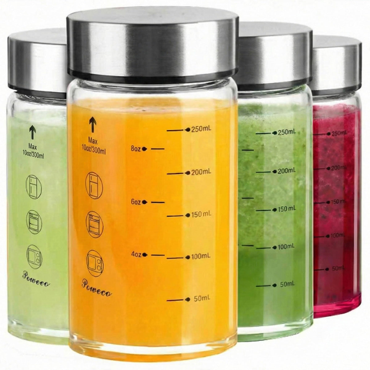 Glass Juice Bottles 4 Pack 20 oz - Wide Mouth Glass Water Bottles with Lids - for Juicing, Protein, Smoothie, Milk, Reusable, BPA Free, Stainless Steel Lids, Blender, Shaker Bottle (600ml)