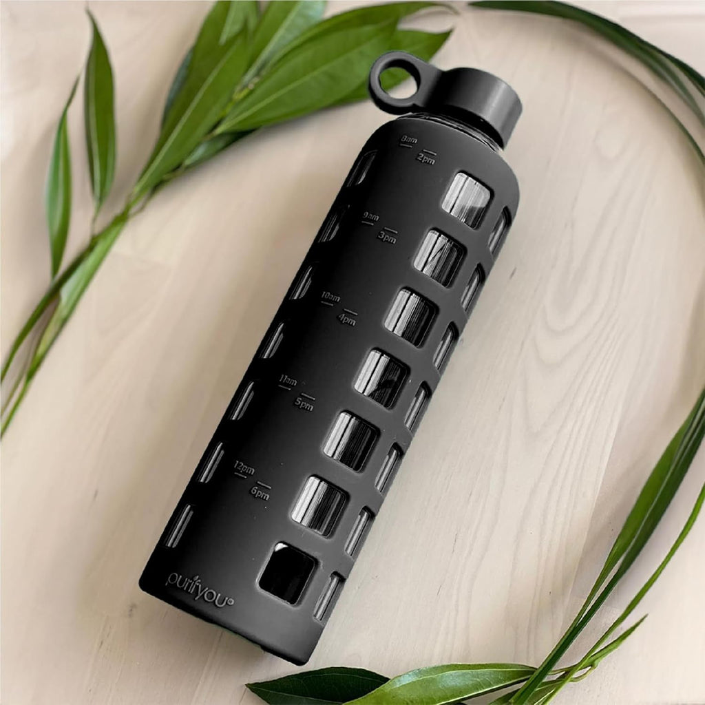 purifyou 40oz / 32oz / 22oz / 12oz Borosilicate Glass Water Bottle with Time & Volume Markers, Silicone Sleeve, Stainless Steel Lid | Reusable Glass Bottle for Water & Juice (32oz Jet Black)