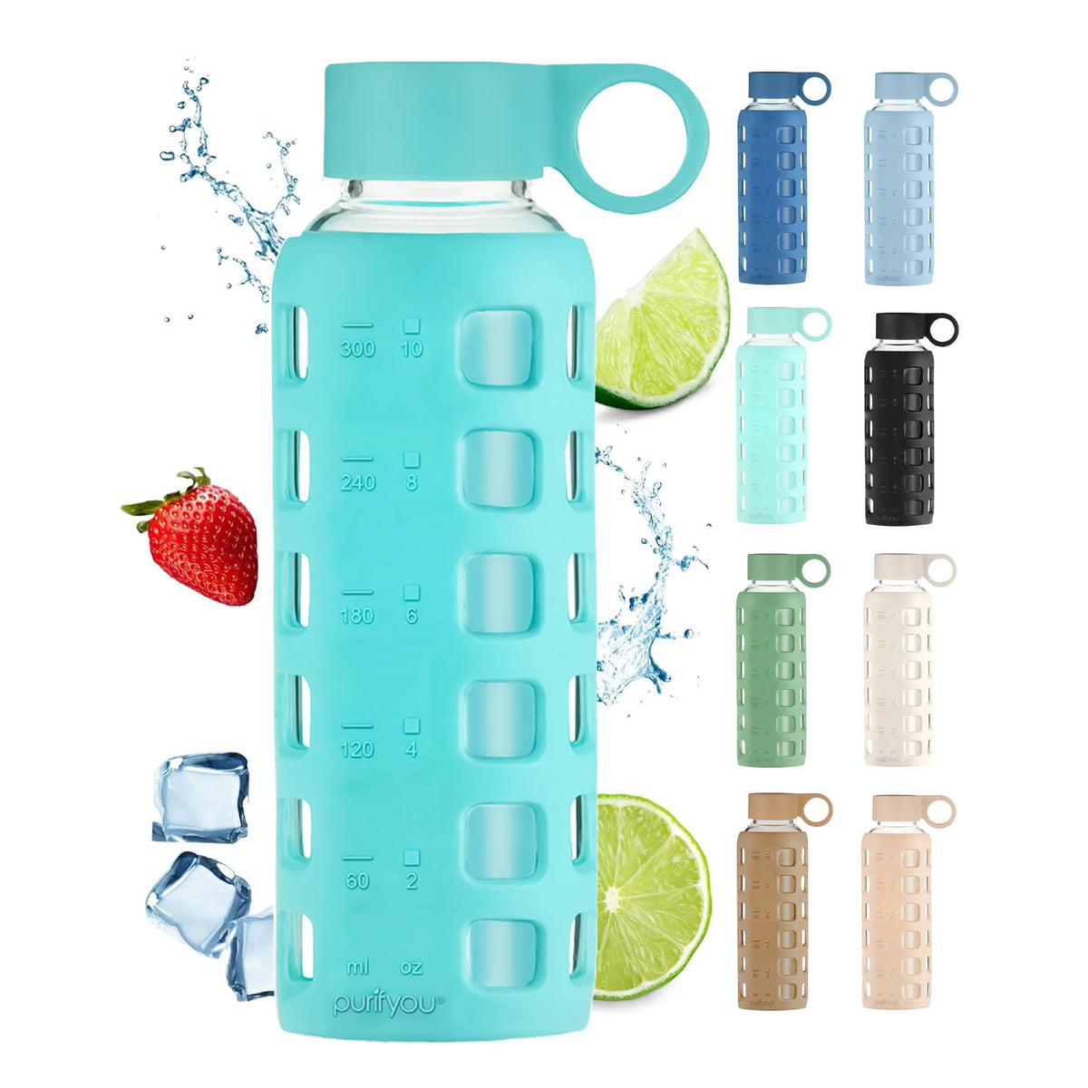 purifyou 40oz / 32oz / 22oz / 12oz Borosilicate Glass Water Bottle with Time & Volume Markers, Silicone Sleeve, Stainless Steel Lid | Reusable Glass Bottle for Water & Juice (32oz Jet Black)