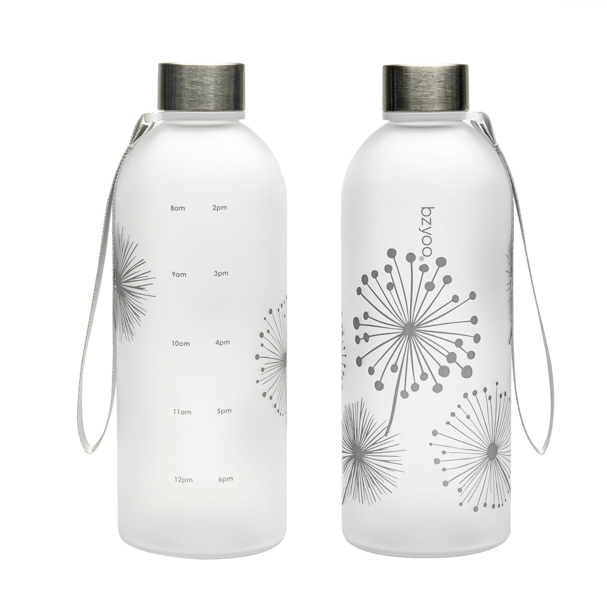 bzyoo 32 OZ 1 Liter Time Marker Water Bottle Frosted Durable Plastic With Strap - Reusable Clear Bottle With Times To Drink Time Markings For Daily Hydration Intake BPA Free (Silver)