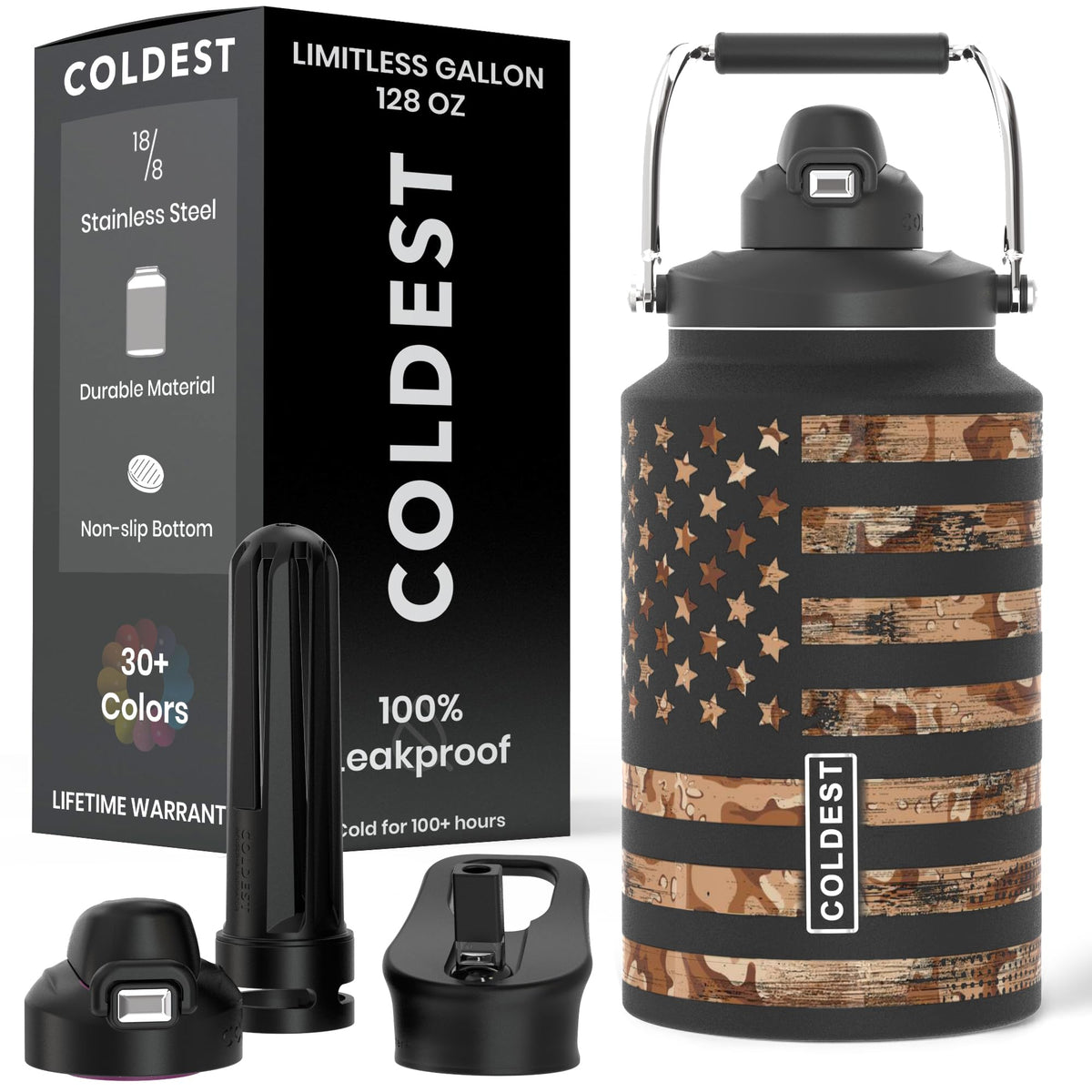 Coldest 128 oz Tumbler with Handle and Straw - 100% Spill Proof Tumbler with Straw (3 Lids) - Stainless Steel Insulated Leakproof Tumblers for Women & Men - Cup Holder Friendly - 128oz (Stealth Black)