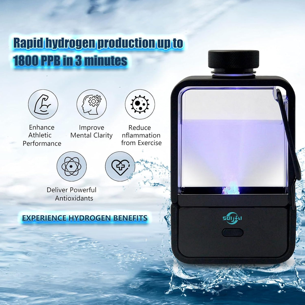 KOOMTOOM 2026 Upgraded Hydrogen Water Bottle,350ML Hydrogen Water Generator 1800PPB,SPE/PEM Technology,Portable Hydration for Sports/Home/Office/Travel/Fitness