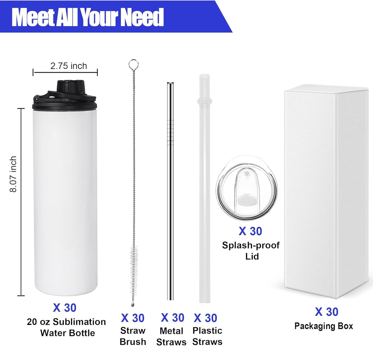 30 Pack Sublimation Water Bottle Blanks 20 oz Sublimation Sports Water Bottle with Handle Stainless Steel Sublimation Tumbler Blanks with Lids and Straws, Individually Box, White, DIY Gift