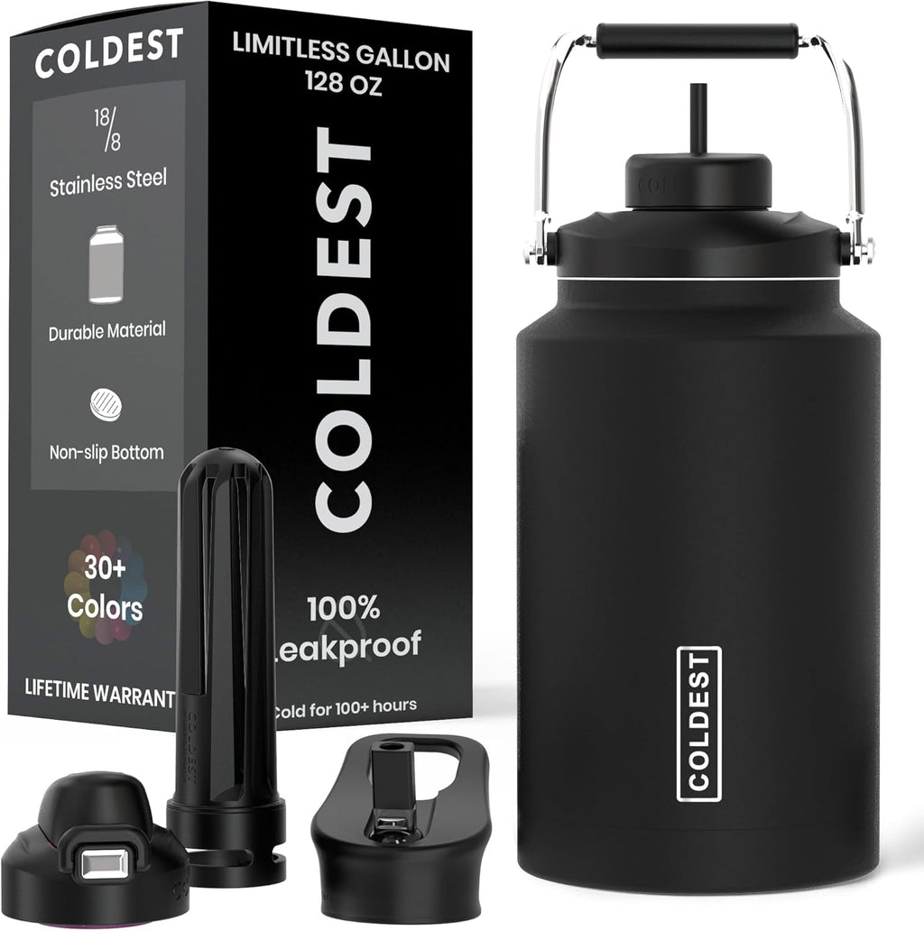 Coldest 128 oz Tumbler with Handle and Straw - 100% Spill Proof Tumbler with Straw (3 Lids) - Stainless Steel Insulated Leakproof Tumblers for Women & Men - Cup Holder Friendly - 128oz (Stealth Black)