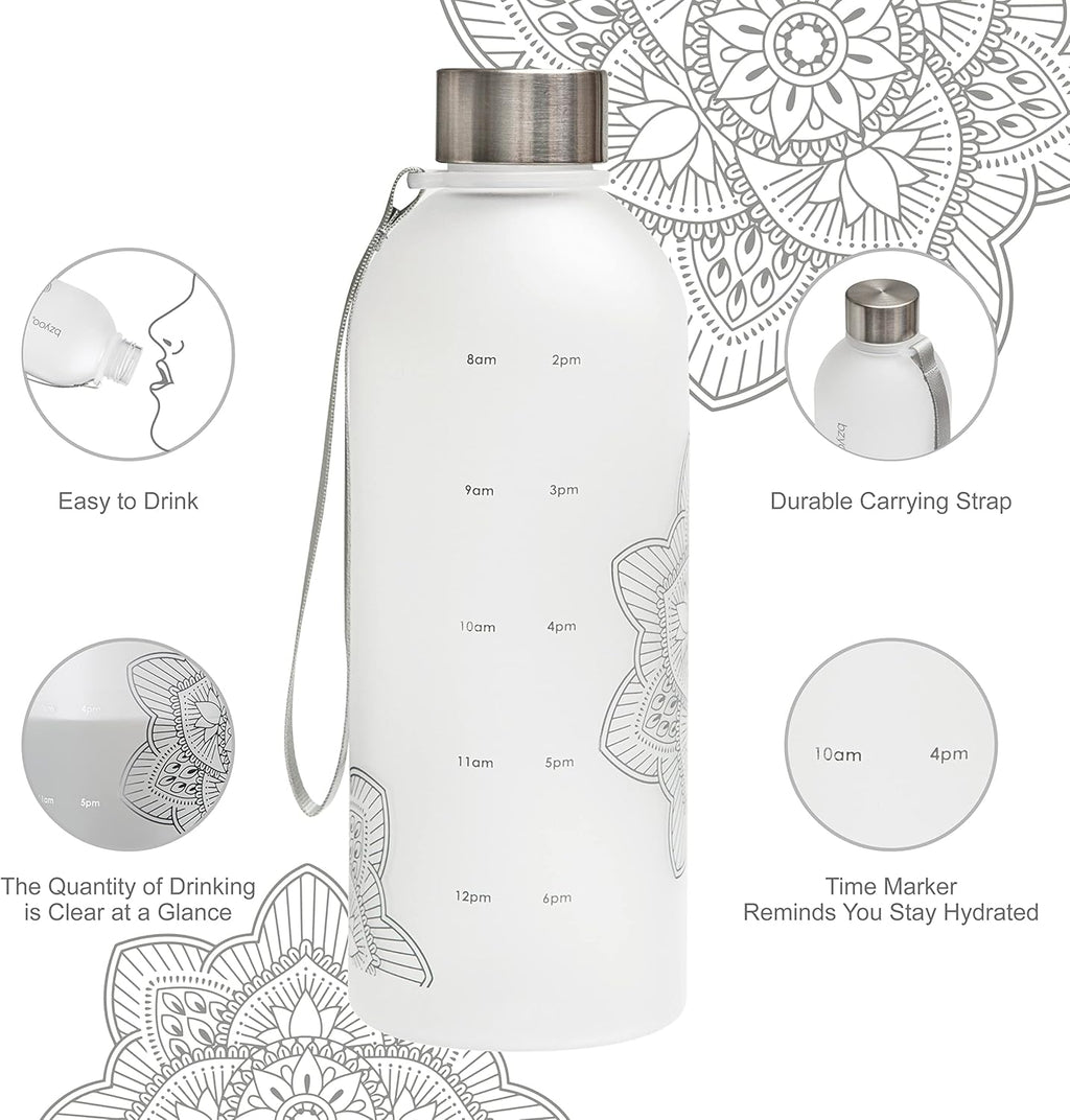 bzyoo 32 OZ 1 Liter Time Marker Water Bottle Frosted Durable Plastic With Strap - Reusable Clear Bottle With Times To Drink Time Markings For Daily Hydration Intake BPA Free (Silver)