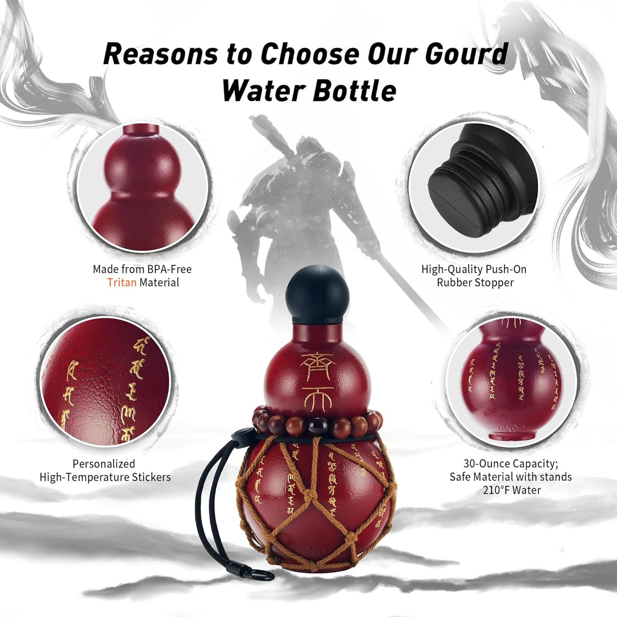 Gourd Water Bottle Tritan BPA-Free 210°F Heat Resistant - Leak-Proof Push-On Rubber Stopper, Stylish Gradient Colors with 2 Versatile Straps for Hanging - Durable