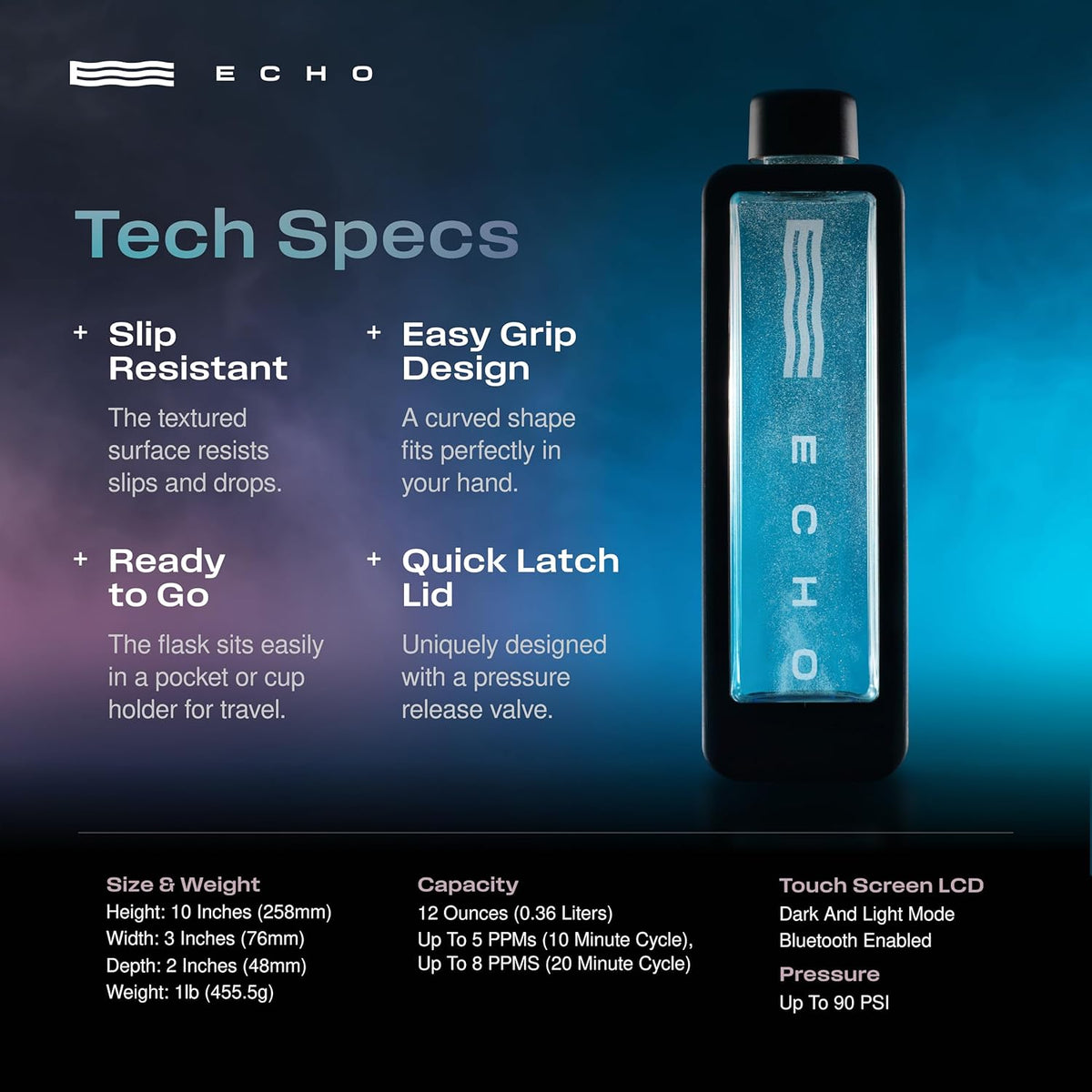 Echo Flask Hydrogen Water Bottle - Active Hydration Solution with Water Intake Tracking & LCD Touch Screen - Compact & Convenient - Transparent Hydrogen Flask - 12 oz