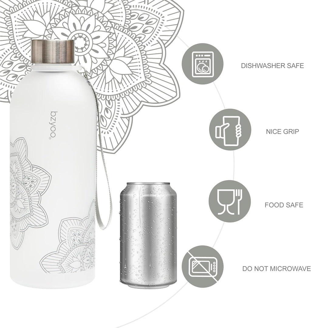 bzyoo 32 OZ 1 Liter Time Marker Water Bottle Frosted Durable Plastic With Strap - Reusable Clear Bottle With Times To Drink Time Markings For Daily Hydration Intake BPA Free (Silver)