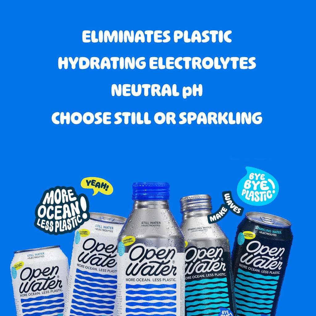 Open Water Still Bottled Water with Electrolytes in 16-oz Aluminum Bottles (6 Cases, 72 bottles - Still) | BPA-free and Eco friendly